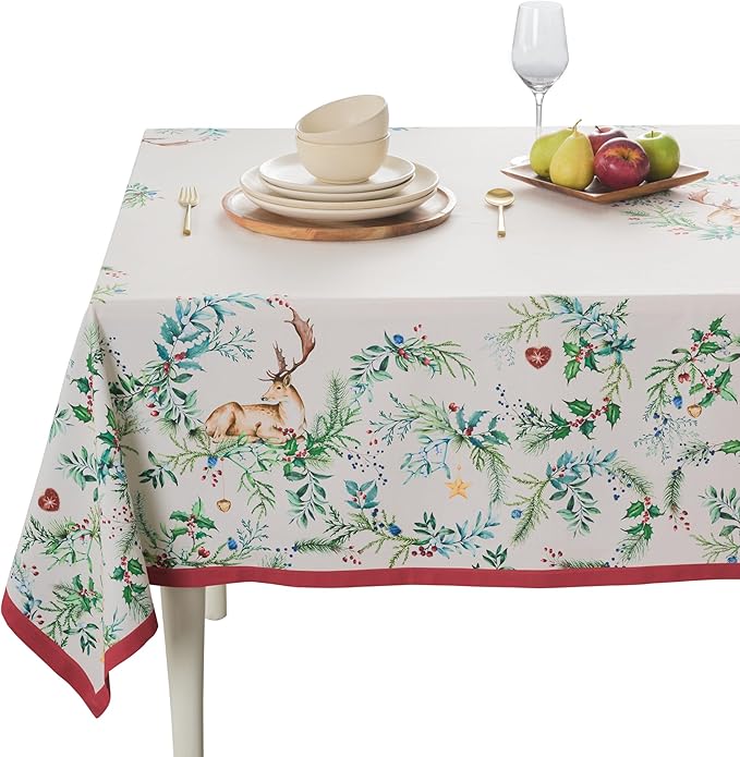 Maison d' Hermine Table Cloth Rectangle Table 100% Cotton 54 x 72 Inches Fall Tablecloth Reusable Everyday Use for Thanksgiving Christmas Decorations Dining Farmhouse Party (Holly Time)