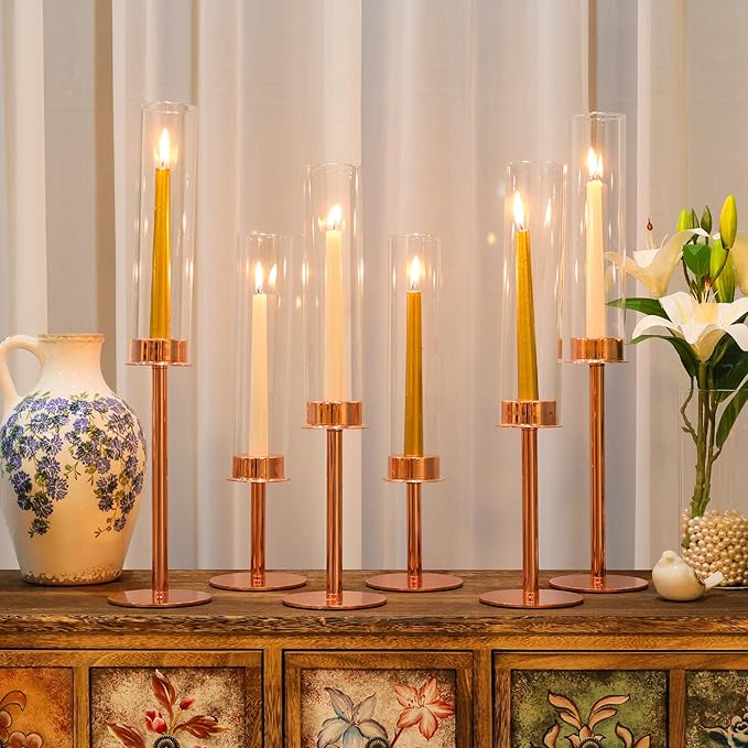 Hurricane Candle Holders Set of 3 Metal Candlestick Holder for Glass Taper Tall Candle Holders with Crystal Chimney Tube Candles Stands for Home Decor, Christmas, Dinning (3, Rose Gold)