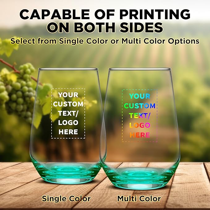 DISCOUNT PROMOS 100 Vaso Silicia Stemless Wine Glasses Set, 16 oz. - Personalized Text, Logo - Clear, Orb-Like, Thick base - Green