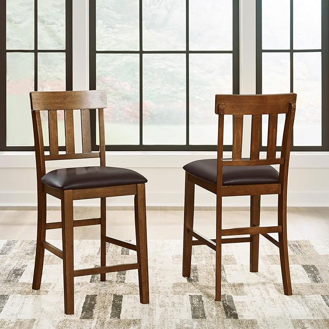 Signature Design by Ashley Ralene Traditional 26" Counter Height Faux Leather Seat Barstool, 2 Count, Brown