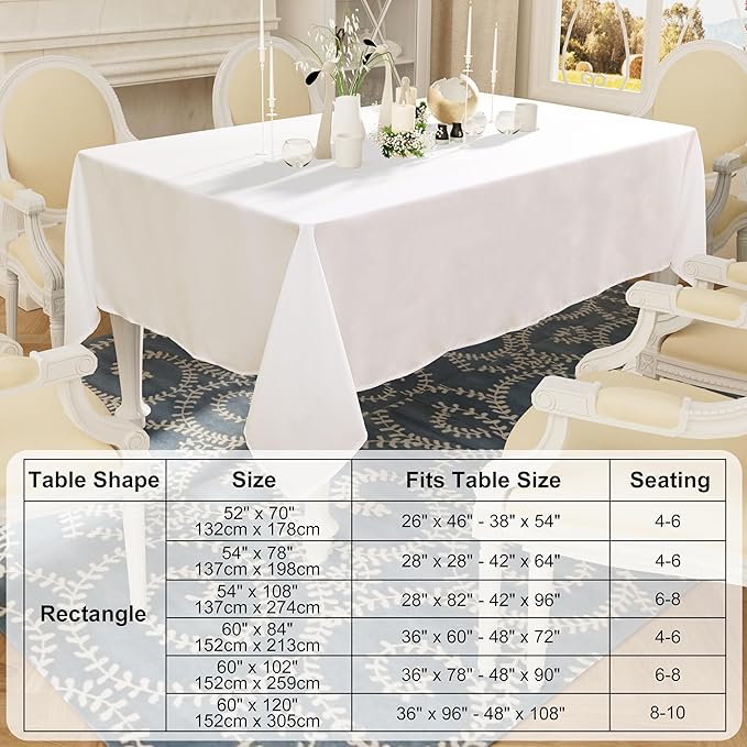Smiry 4 Pack Rectangle Table Cloth, Waterproof Anti-Scratch Polyester Tablecloth, Decorative Washable Fabric Table Cover for Dining, Buffet, Parties and Outdoor, 52x70, White