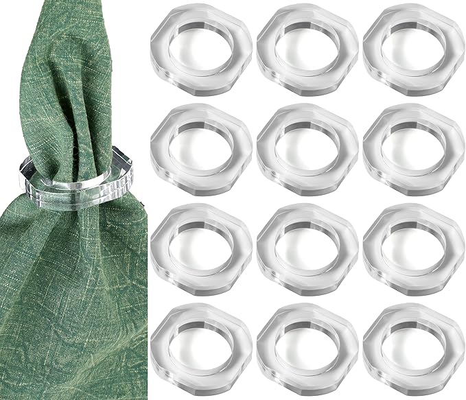 CLEENTABLE Clear Napkin Holder, Napkin Rings Set of 12, Fall Thanksgiving Christmas Napkin Rings, Festival Acrylic Napkin Ring Holders, Napkin Ring Bulk for Wedding, Party, Elegant Table Settings