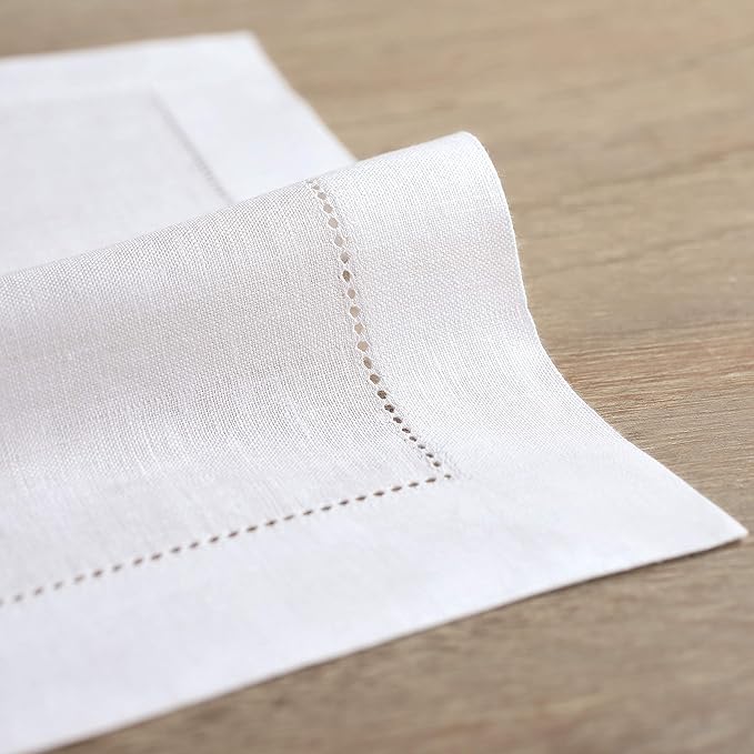 Solino Home Linen Cloth Placemats Set of 6-100% Pure Linen Hemstitch White Placemats 14 x 19 Inch - Classic Hemstitch Table Place Mats for Winter, Valentines, Spring, Easter