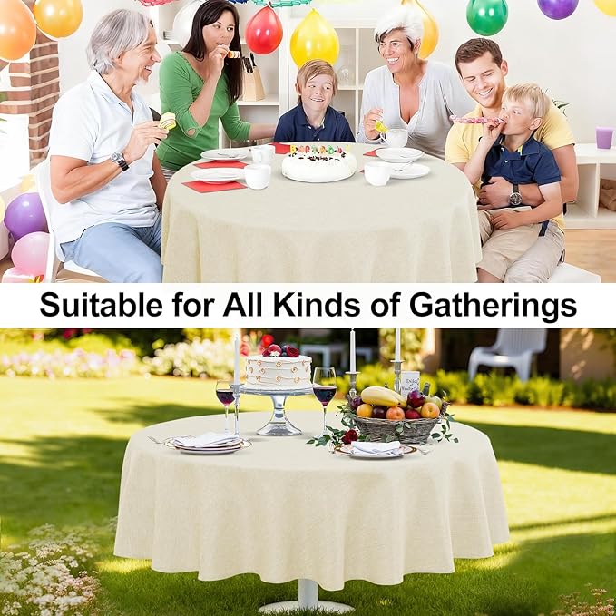 JIUZHEN Faux Linen Round Tablecloths 54 inch, Decorative Wrinkle Free Texture Rustic Circle Table Cloth Cover for Kitchen, Dining, Party, Wedding, Outdoor Use (54 Inch Round,Champagne)