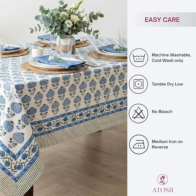 ATOSII Roma Blue 100% Cotton Boho Rectangle Fall Tablecloth, Handblock Floral Print Table Linen for Kitchen Dining I Parties, Outdoors, Weddings, Christmas, Thanksgiving I 72 X 120 Inches I 10 Seater
