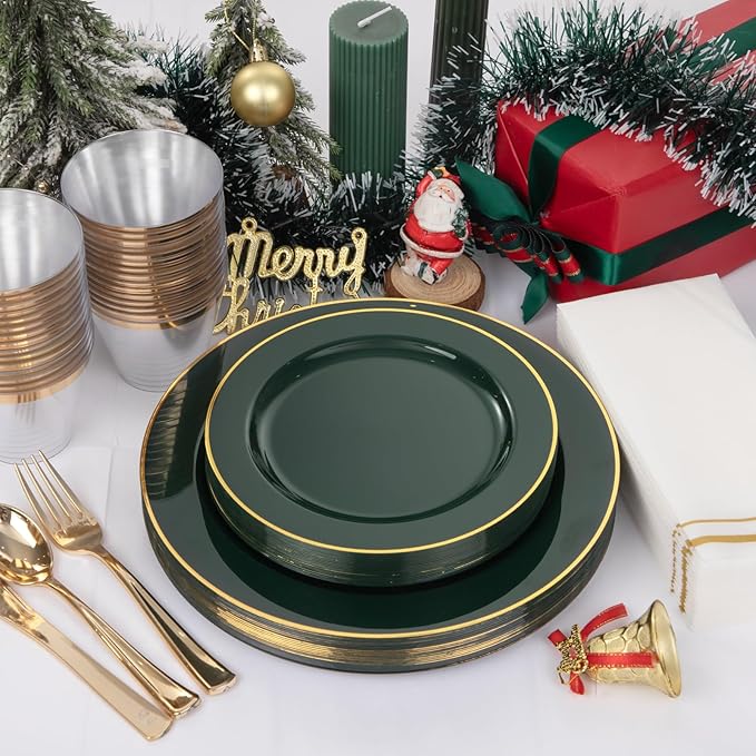 SUT 350PCS Green and Gold Plastic Plates for 50 Guests, Disposable Plates and Napkins Party Supplies, Gold Plastic Silverware, Plates, Cups and Napkins Sets，Party Plates and Cups and Napkins Sets