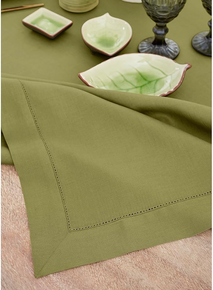 Solino Home Linen Avocado Green Tablecloth 60 x 120 Inch - Classic Hemstitch, 100% Pure Linen Rectangular Tablecloth - Machine Washable Table Cloth for Winter, Spring, Easter, St Patricks Day