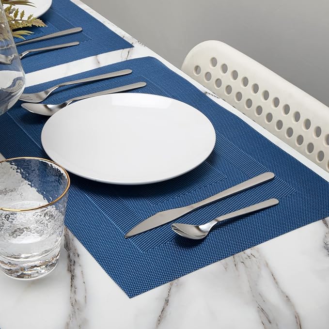 Winknowl Placemats for Dining Table Set of 8 Waterproof, Woven Place Mats for Kitchen Table Vinyl Heat Insulation Stain Resistant Placemats (Navy Blue)