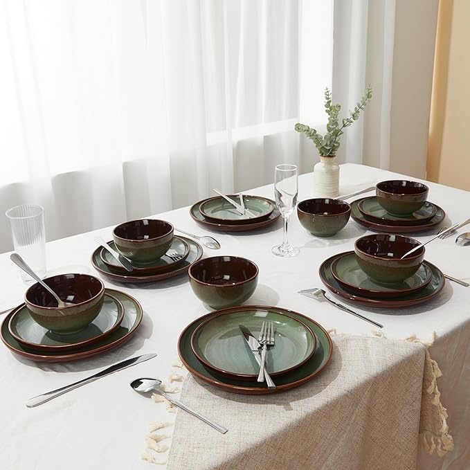 16 Piece Double Bowl Dinnerware Sets with Pasta Bowls, Highly Chip and Crack Resistant Plates and Bowls Sets, Natural Earthyware Ceramic Dishware Sets, Service for 4 Sage Green