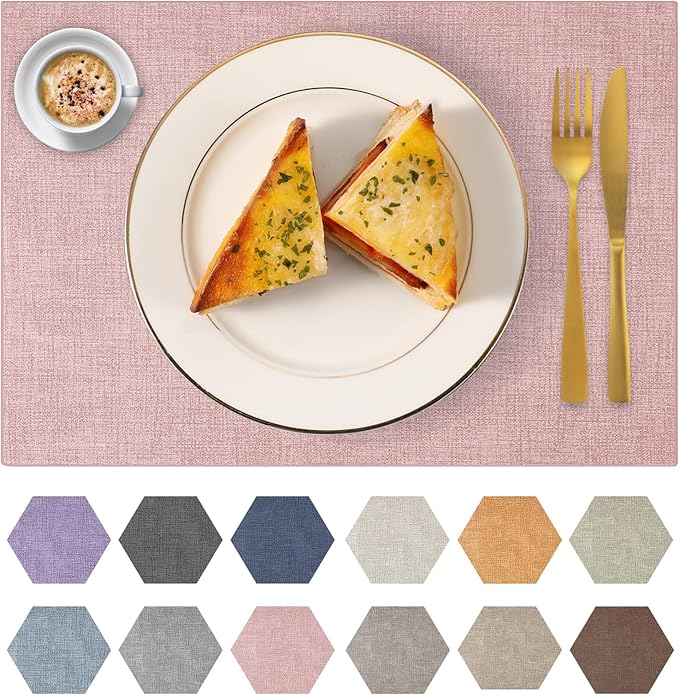 Faux Leather Placemats Set of 6 Washable PU Table mats for Kitchen Table - Heat Resistant, Waterproof, Easy Clean, Anti Slip 11.8" x 17" (Pink-6 Pack)
