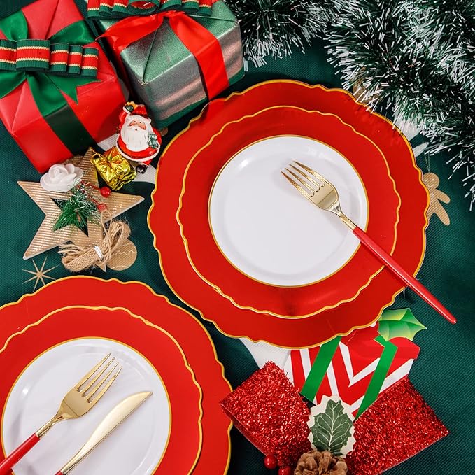 WDF 30Guest Red Plastic Plates - Gold Plastic Silverware With Red Handle - Red Plates Disposable- Baroque Plastic Dinnerware for Party Valentine's Day
