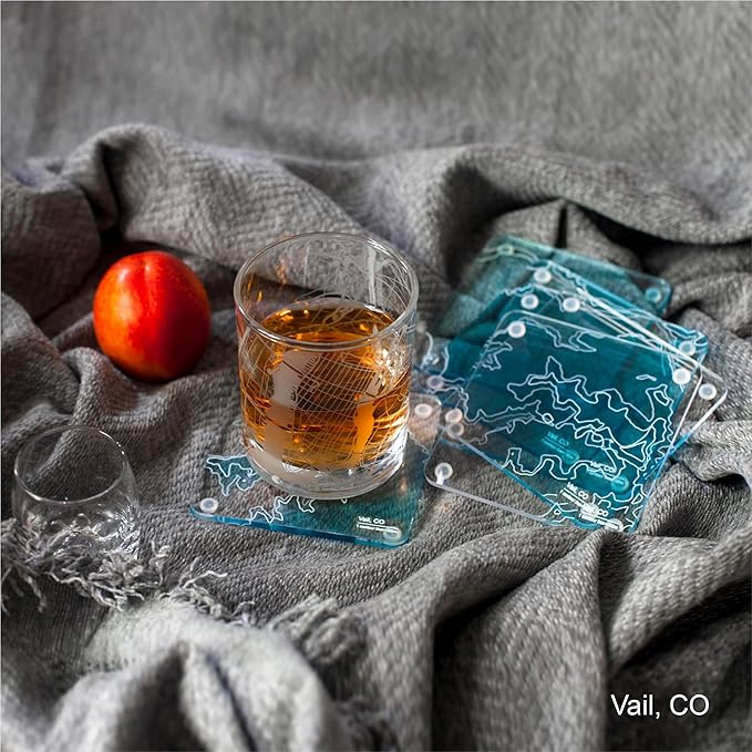 Killington, VT 3D Contour Map Glass Drink Coasters of Mountains, Ski Resort, Set of 6 with Holder, Housewarming Birthday Gifts, Home Décor