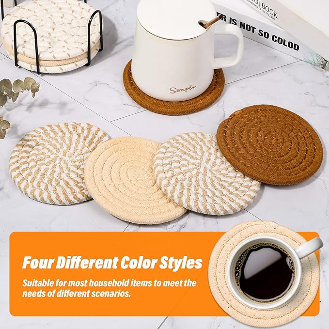 Mckanti Drink Coasters Set of 8, 4 Colors Absorbent Coasters for Drinks, Minimalist Cotton Woven Coaster for Living Room Decor, Fall Home Decor, 4.3 Inches