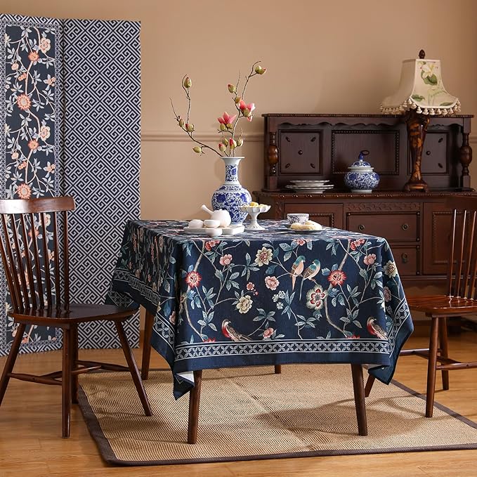 patdrea Designer Vintage Dark Blue Linen Rectangular Tablecloth,Navy French Floral and Birds Pattern Table Cloth,Decoration Table Cover for Kitchen,Dining,Tea Party,Home,Christmas,63"*94"