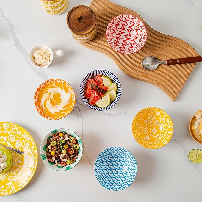 Ceramic Dessert Bowls Set - Small 12 Oz Cereal Bowls - 4.75 Inch Ice Cream Bowls for Fruit, Snack, Side Dishes, Dipping Sauce - Microwave Dishwasher Safe - Set of 6 - Assorted Colors