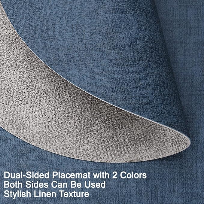 Myir JUN Reversible Vinyl Round Placemats Set of 4, Faux Leather Place Mats Dual Sided Waterproof Wipeable, Heat-Resistant Table Mats for Kitchen Dining Indoor Outdoor (14", Light Gray Navy Blue)