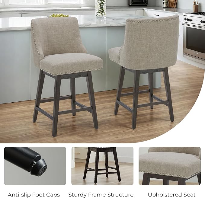CHITA Counter Height Swivel Bar Stools Set of 3, FSC Certified Upholstered Counter Stools, Modern Swivel Barstools with Wood Legs for Kitchen Island, 26" Seat Height, Fabric in Tan