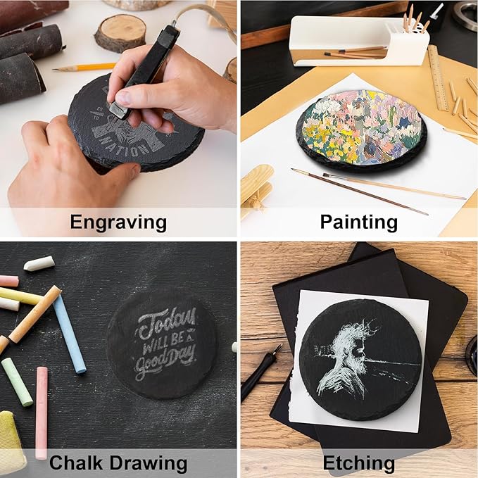 Slate Coasters Set of 12,4-Inch Black Round Stone Drink Coasters with Scratch-Resistant Backing, Durable Tabletop Protection for Home Office Kitchen, Ideal Housewarming Wedding Gifts