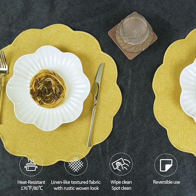 AHHFSMEI Round Faux Linen Placemats Set of 8 Waterproof Table Mats Heat Resistant Non-Slip and Stain Proof for Kitchen Dining Elegant Decor (Yellow,8)
