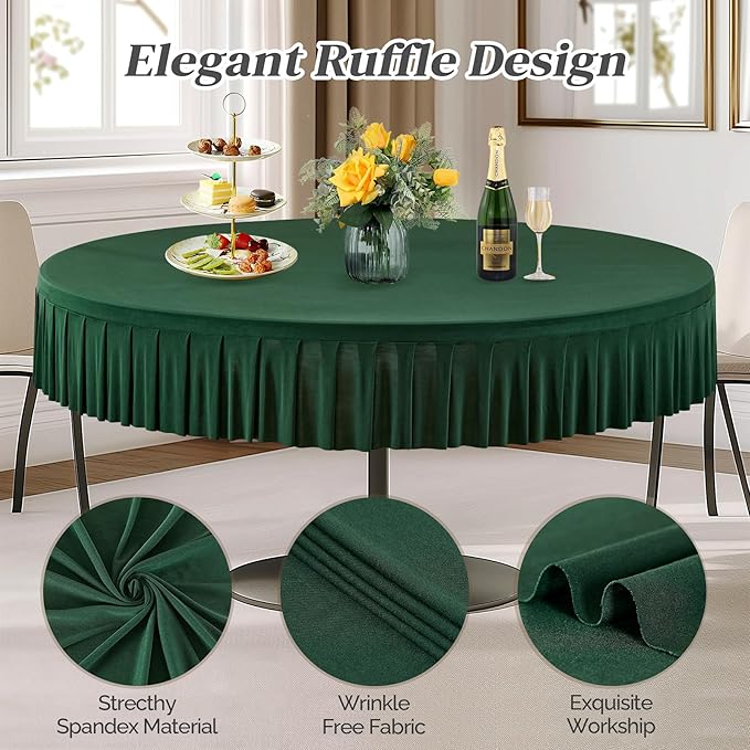 2 Pack Hunter Green Spandex Round Tablecloths for 72in Table, Stretchy Fitted 6FT Round Table Cloths, Wrinkle Free Table Cover with Skirt for Wedding Birthday Party Bridal Shower Banquet