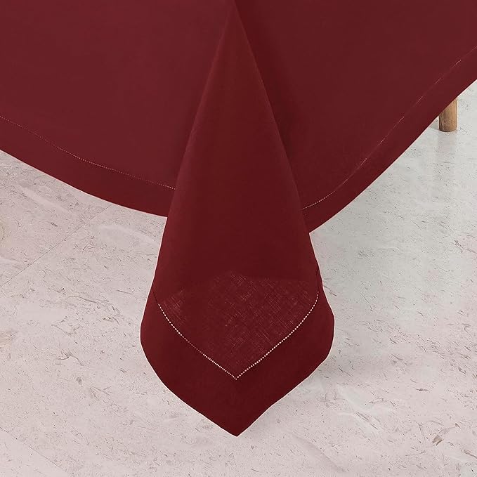 D'Moksha Homes Dark Red Linen Tablecloth 60 x 120 Inch - 100% Pure Linen Hemstitch Tablecloth for Rectangle Tables - Classic Hemstitch, Machine Washable Table Cloth for Valentines, Spring