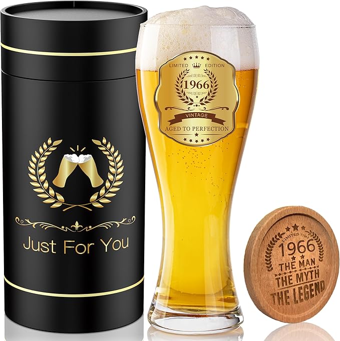 60th Birthday Beer Glasses Gifts, Personalized '1966' Vintage Glass Ware Set for Men, Black Gift Package with Drinking Glass, Coaster, and Card for 60 Years Old Man