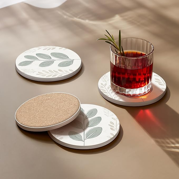 VEYRO Ceramic Coasters Set of 6 – Absorbent Stone Drink Coasters with Holder, Non-Slip Cork Backing, Modern Marble Look Coasters for Coffee Table, Desk & Home Decor