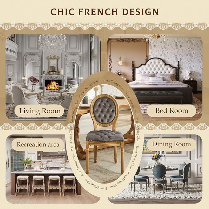 SoarFlash French Dining Chairs Set of 4, Vantage Dining Chair with Round Back, Wood Leg Farmhouse Country Velvet Dining Chair for Kitchen,Bedroom,Grey