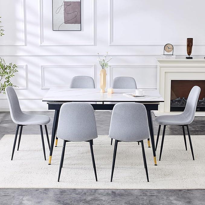 Extendable Dining Table Set for 6, 55'' to 78.8'' Rectangular Thickened Sintered Stone Kitchen Table with 6 Upholstered Chairs, Modern Space Saving 7-Piece Dinner Table Set