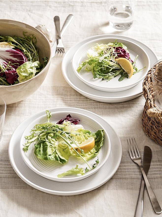 LE TAUCI Ceramic Plates and Bowls Set for 4, 12-Piece Ceramic Dinnerware Set, Farmhouse Dishes Set, Microwave & Dishwasher Safe, Stackable, 10" Dinner+8" Salad Plates+6" Bowls, White