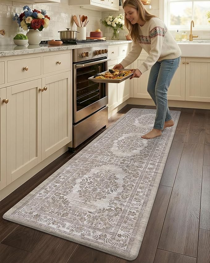 Color&Geometry Anti Fatigue Kitchen Mats for Floor 24x87, Vintage Decor, Easy Clean, Waterproof & Oil Proof, 0.4" Thick Cushioned, Non-Slip Kitchen Runner Rug for Sink, Laundry, Office, Khaki