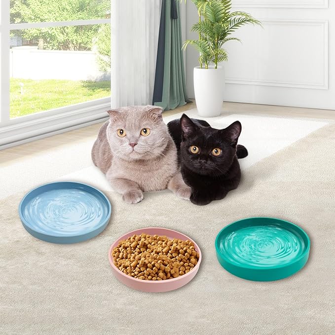 Silicone Cat Food Bowl Shallow Dishes 5.9in Wide Cats Bowls 3 Pcs Kitty Plates Relief Whisker Fatigue Puppy Feeding Bowl for Dry and Wet Food Indoor (Blue + Pink + Green)