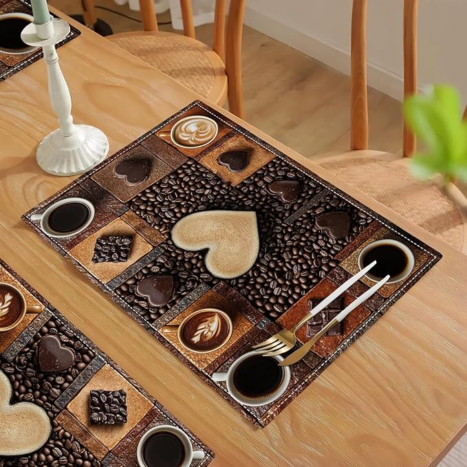 Coffee Placemats Set of 4, Cafe Table Mats, Washable Place Mats for Coffee Bar Home Party Indoor Kitchen Dining Table Decoration 12x18 Inch