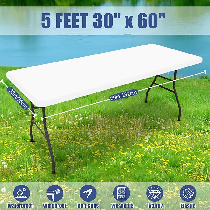 Spandex 5 Foot Rectangle Table Cloth 2 Pack, Elastic Fitted Tablecloths for Picnic, Stretch Washable Patio Table Cover for Outdoor, Camping, Banquet and Parties (White, 30"x60")