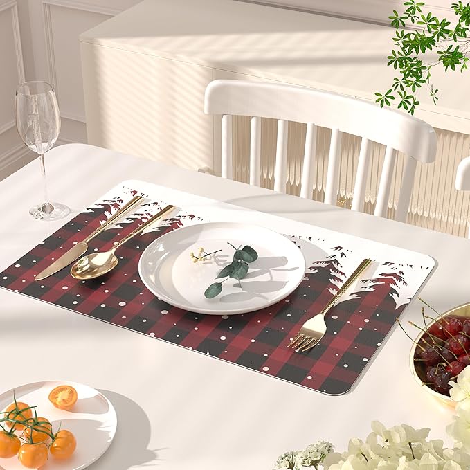 QIYI Christmas Placemats Set of 6, 12x18 Inch Faux Leather Place Mats for Kitchen Dinning, Heat Resistant Anti Slip Winter Table Mats, Waterproof Wipeable Placemat Party Table Décor, Red Buffalo Plaid