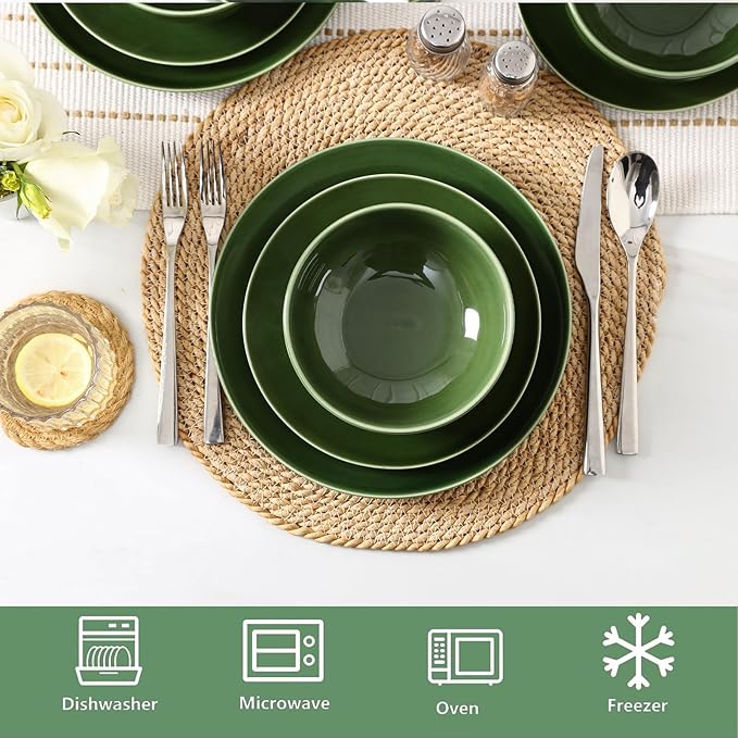 Vicrays Ceramic 12 Pieces Dinnerware Set - Dinner Plates Cereal Bowls Salad Plates Set Service for 4 - Scratch Resistant Dishwasher Safe Microwave Oven - Green