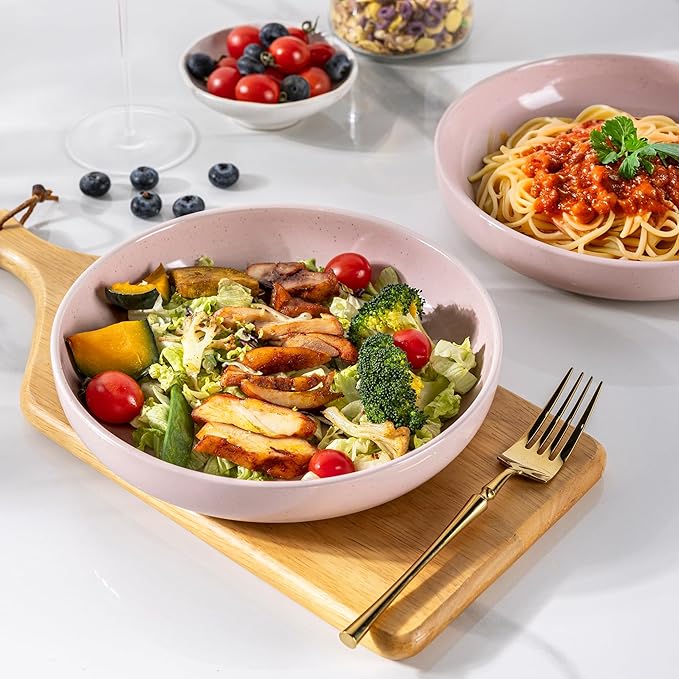 AmorArc 8.75'' Large Ceramic Pasta Bowls, 36oz Handpainted Stoneware Bowls Set of 4, Microwave&Dishwasher Safe Bowls with Rustic Terracotta Underside for Pasta Salad, Cloud Pink