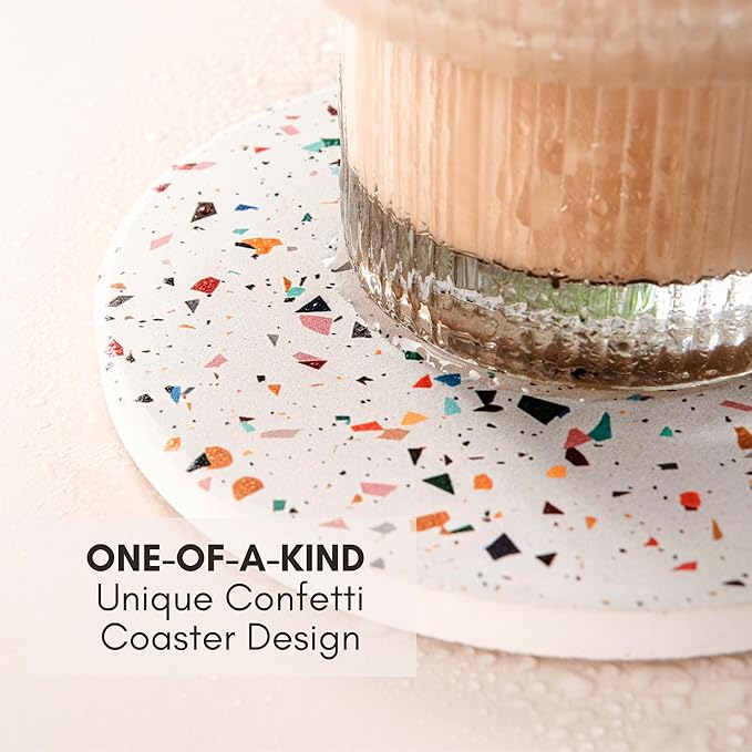 Terrazzo Coasters Set of 6, Ceramic Absorbent Drink Coasters, Cute Moisture Absorbing Coaster, Coffee Table Desk Decor, Colorful Stone Coaster for Drinks (Confetti with Black Holder)