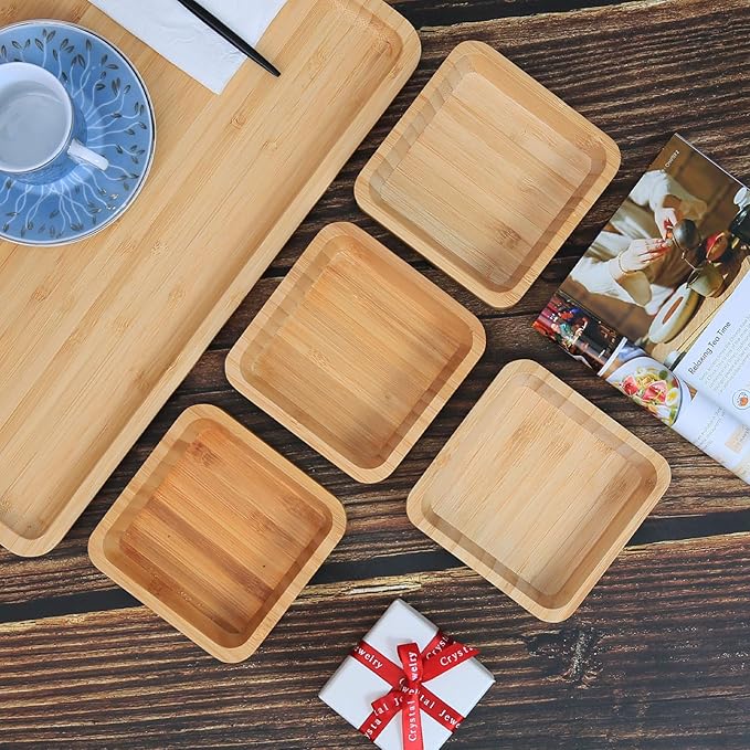 Bamboo Wooden Bowls Set, 4-inch Square Snack Bowls for Appetizers, Dips, Nuts Desserts and More, Small Reusable Wooden Serving Bowl for Dinner Party and Entertaining, Eco Friendly (4 Pcs)