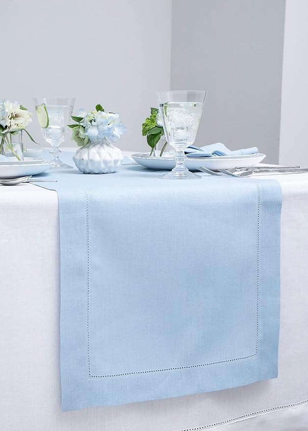 Solino Home Linen Sky Blue Table Runner 72 Inches Long - 100% Pure Linen Hemstitch Table Runner 14 x 72 Inch for Dresser, Dining, Spring, Easter - Classic Hemstitch