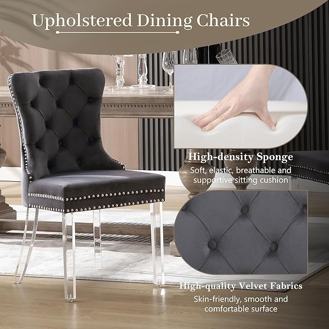 KCC Velvet Dining Chairs Set of 4, Upholstered Tufted Wingback Dining Room Chair with Nailhead Back Ring Pull Trim Solid Acrylic Legs, Contemporary Nikki Collection Style for Kitchen, Grey