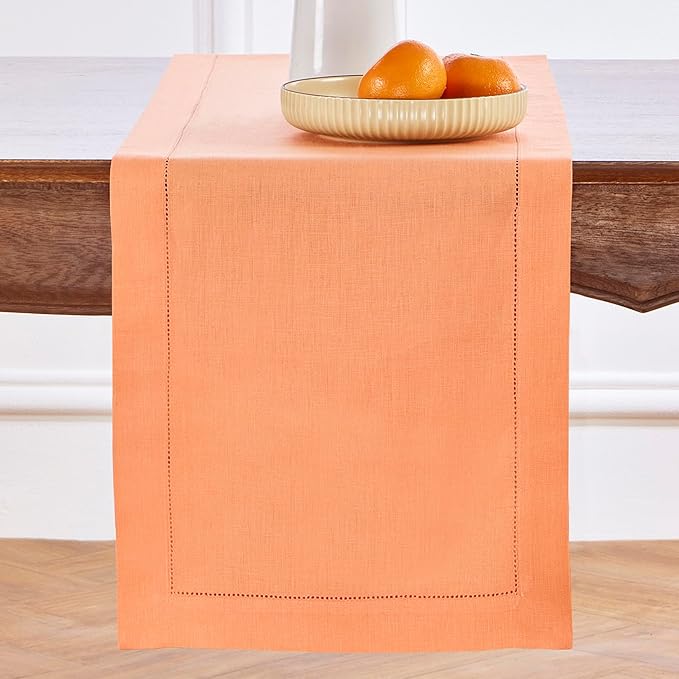 Solino Home Linen Table Runner 90 Inches Long - 100% Pure Linen Coral Table Runner 14 x 90 Inch for Valentines, Spring, Easter - Classic Hemstitch