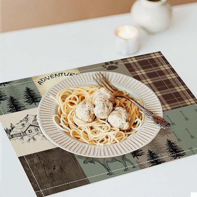 Rustic Bear Deer Placemats Wildlife Moose Forest Animal Cabin Lodge Heat-Resistant Linen Table Place Mats for Dining Kitchen Country Camp Style Farmhouse Decor 12x18 in 6 PCS, Countryside-6