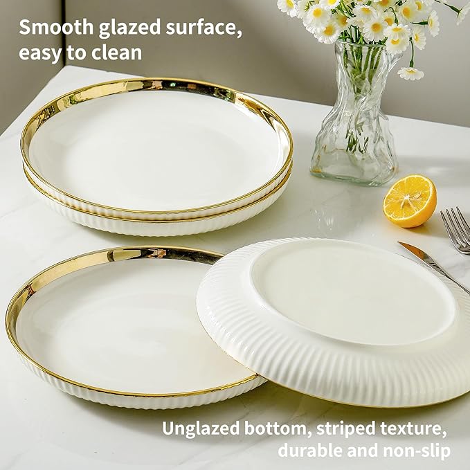 LETAOTAO Dinner Plates, Ceramic dinner Plate Set of 4, 10 inch White Serving Plates with gold trim, Stripe Texture Back, Large Pasta and Salad Plates, Dishes Set with Lipped Edges for Kitchen