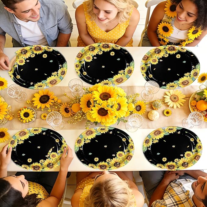50Pcs Sunflower Bee Paper Oval Paper Plates 10" x 12" Large Disposable Heavy Duty Black Yellow Sunflower Bumble Bee Plates Dessert Platters for Spring Birthday Bridal Baby Shower Party Decorations