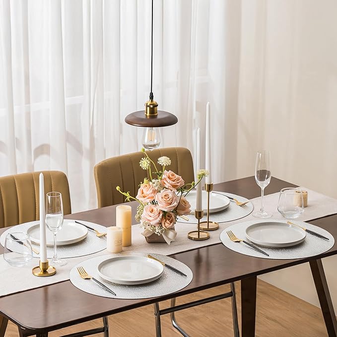 Jovono 15" Faux Leather Big Round Placemats Set of 4 - Washable Heat Resistant Non-Slip Dining Table Mats with Fabric Texture for Kitchen Home Party Wedding Decor, Silver