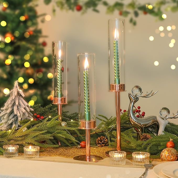 Hurricane Candle Holders Set of 3 Metal Candlestick Holder for Glass Taper Tall Candle Holders with Crystal Chimney Tube Candles Stands for Home Decor, Christmas, Dinning (3, Rose Gold)