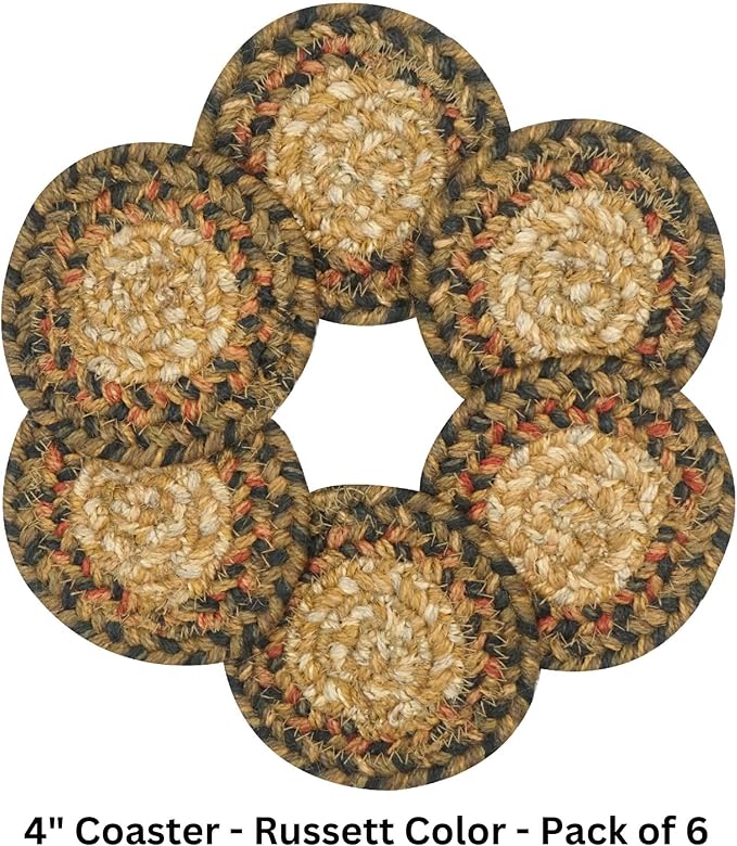 Homespice Russet Jute Braided Coasters 4", Warm Country Decor, Set of 6, Multicolor - Durable, Absorbs Moisture, Easy to Clean and Protects Furniture