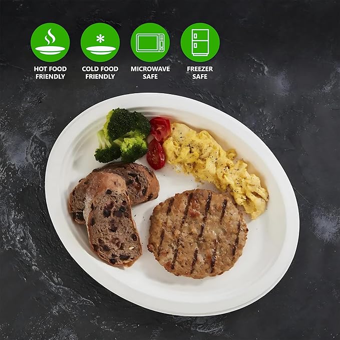 Oval Plates Disposable (125, Large) Eco-Friendly Sugarcane – Biodegradable, Compostable, Sturdy, BPA-Free, Microwave & Freezer Safe – Perfect for Parties, Weddings, Picnics & Everyday Use