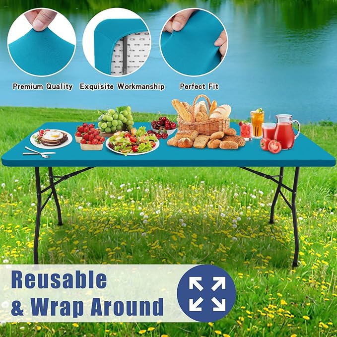 Spandex 5 Foot Rectangle Table Cloth 2 Pack, Elastic Fitted Tablecloths for Picnic, Stretch Washable Patio Table Cover for Outdoor, Camping, Banquet and Parties (Teal, 30"x60")